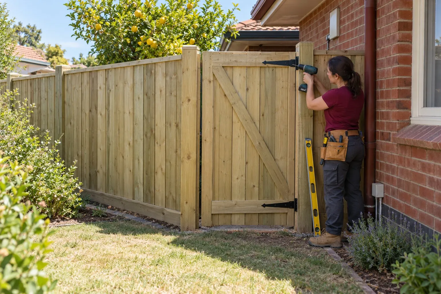 Timber gates, Adelaide: carpenter fixing a strap hinge to a new timber side gate beside a paling fence